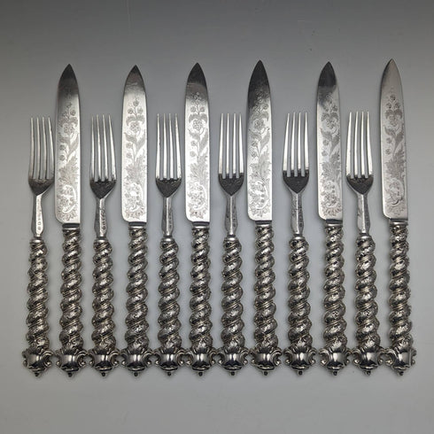 British Antique Solid Silver Handle Cutlery 6 Pair Set MARTIN HALL